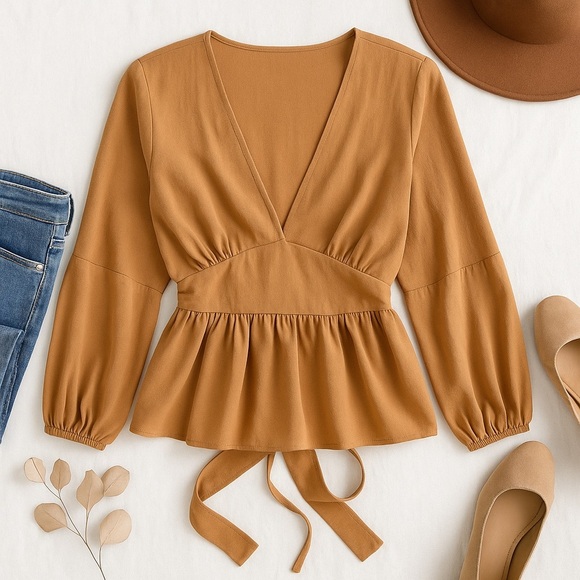 ASOS Design Tan Peplum Wrap Top US 6 Deep V Neck Long Sleeve Boho Fall Romantic - Picture 3 of 10